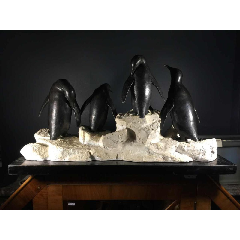Animal sculpture "Penguins" Art Deco in metal and terracotta - circa 1930