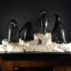 Art Deco dierenbeeld "Penguins" in meta en terracotta - circa 1930