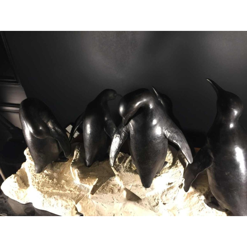 Art Deco dierenbeeld "Penguins" in meta en terracotta - circa 1930