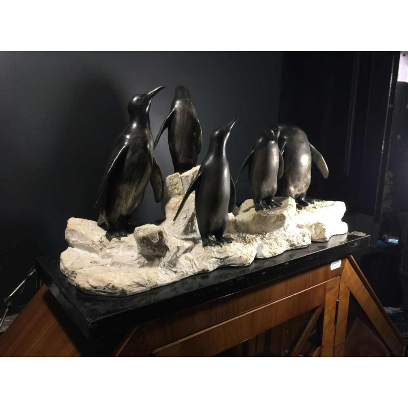 Art Deco dierenbeeld "Penguins" in meta en terracotta - circa 1930