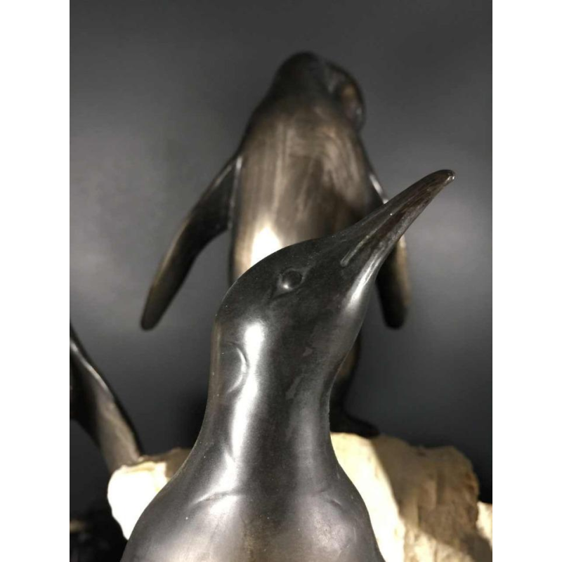 Sculpture animalière "Pingouins" Art Déco - régule & terre cuite - circa 1930