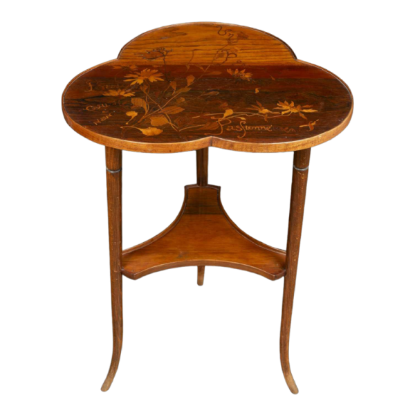 Emile Gallé, Art Nouveau tafel met drielobbig inlegwerkblad, bloemdecoratie, eind 19e eeuw