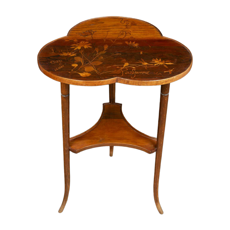 Emile Gallé, table Art Nouveau, plateau trilobé en marqueterie, décor de fleurs, fin 19ème