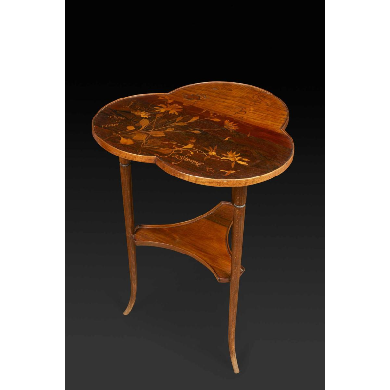 Emile Gallé, Art Nouveau table with three-lobed marquetry top, flower decoration, late 19th century