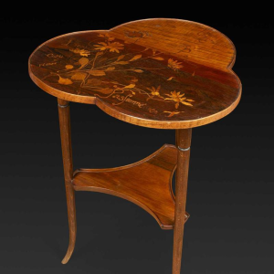 Emile Gallé, Art Nouveau table with three-lobed marquetry top, flower decoration, late 19th century