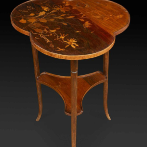 Emile Gallé, Art Nouveau table with three-lobed marquetry top, flower decoration, late 19th century