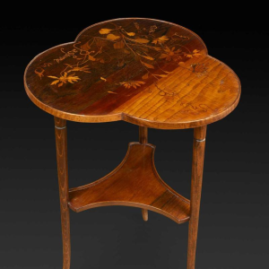 Emile Gallé, Art Nouveau table with three-lobed marquetry top, flower decoration, late 19th century