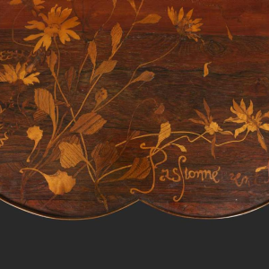 Emile Gallé, Art Nouveau table with three-lobed marquetry top, flower decoration, late 19th century
