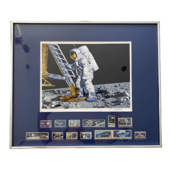 PAUL CALLE 'The Conquest of Space' lithograph and stamps on paper, 1979