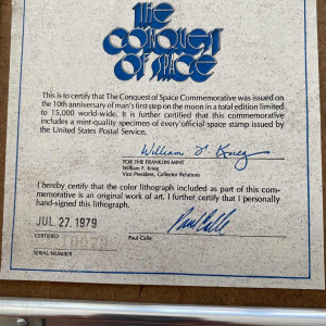 PAUL CALLE 'The Conquest of Space' lithograph and stamps on paper, 1979