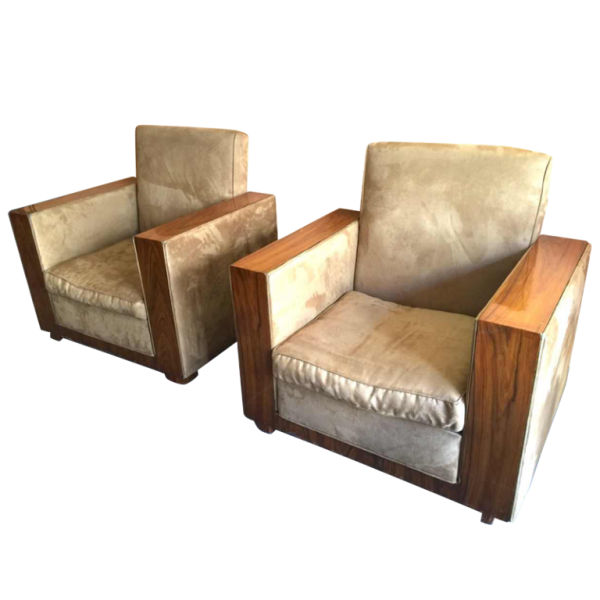 Pair of Modernist Cubist Art Deco Clubs / Armchairs, Alcantara Walnut, 1930s