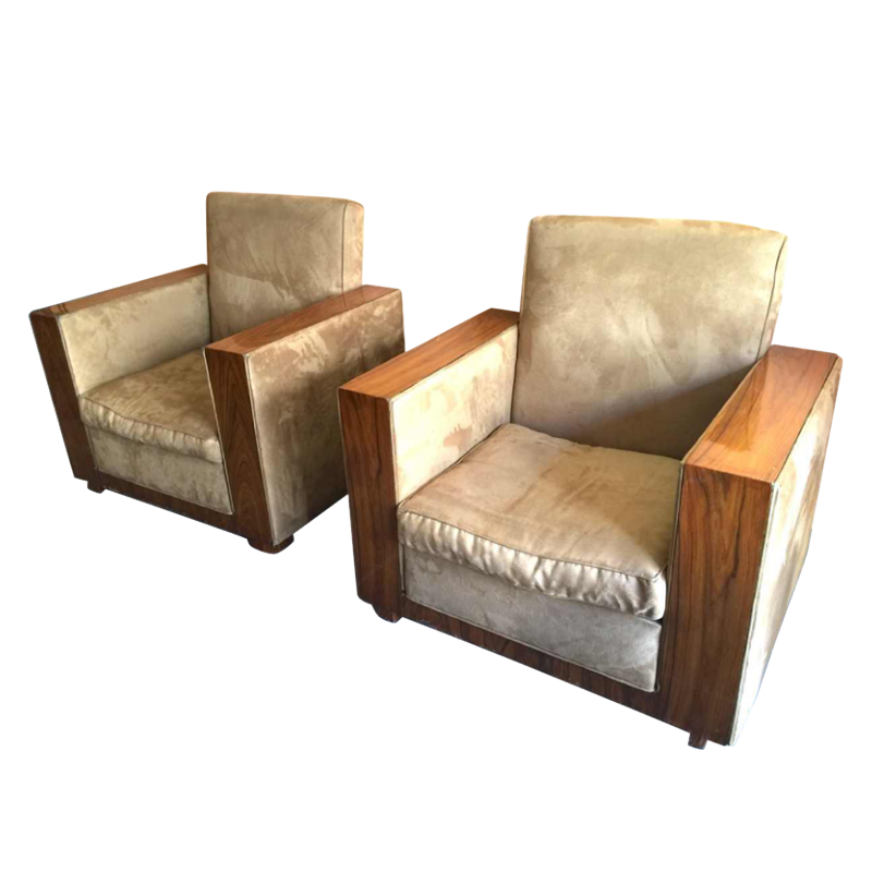 Paire de Clubs / Fauteuils Art Déco Cubistes Modernistes, Alcantara Noyer, 1930