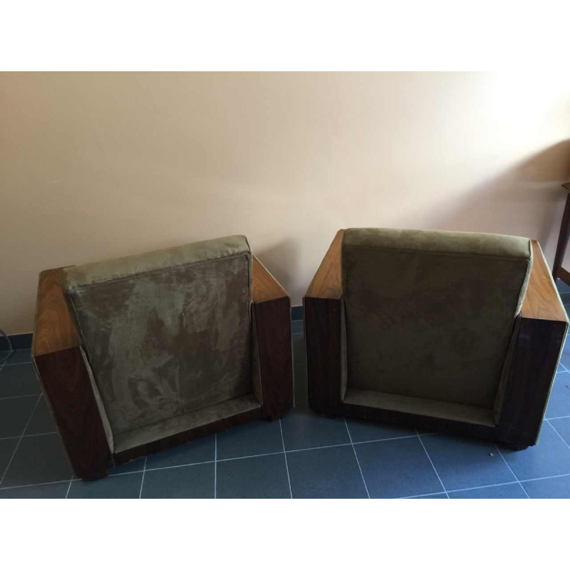 Paire de Clubs / Fauteuils Art Déco Cubistes Modernistes, Alcantara Noyer, 1930