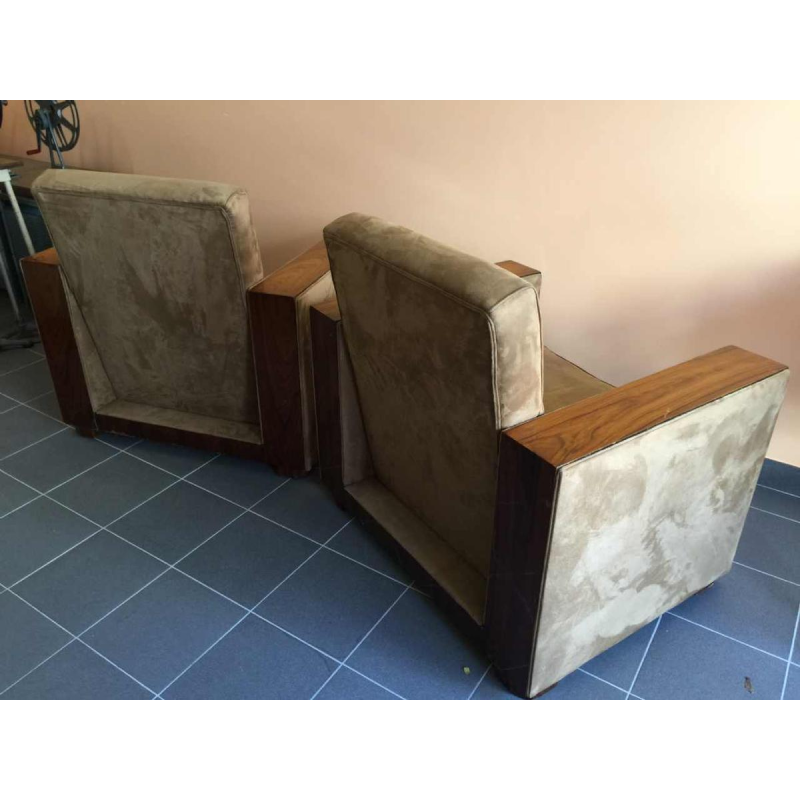 Pair of Modernist Cubist Art Deco Clubs / Armchairs, Alcantara Walnut, 1930s