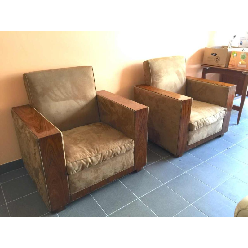 Paar Modernistische Kubistische Art Déco Clubs / Fauteuils, Alcantara, 1930