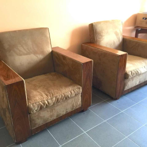 Paar Modernistische Kubistische Art Déco Clubs / Fauteuils, Alcantara, 1930