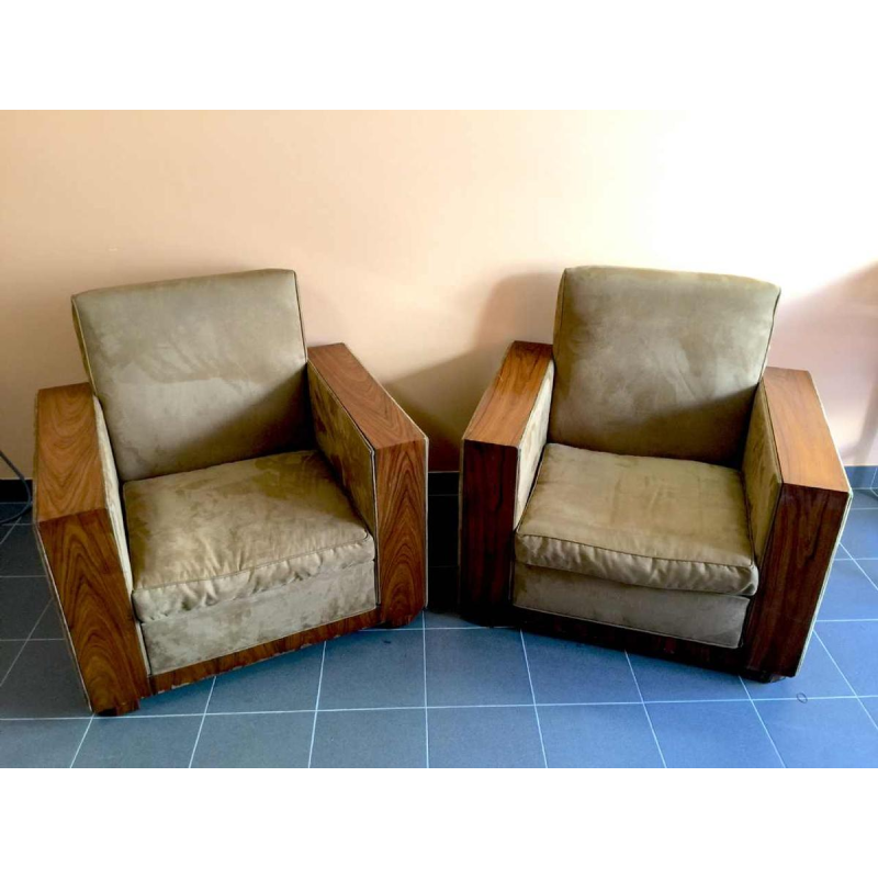 Paire de Clubs / Fauteuils Art Déco Cubistes Modernistes, Alcantara Noyer, 1930