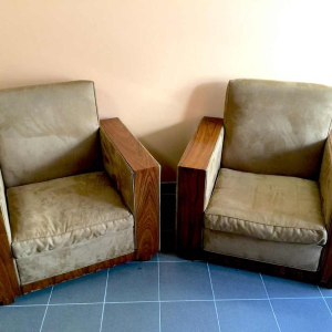 Pair of Modernist Cubist Art Deco Clubs / Armchairs, Alcantara Walnut, 1930s