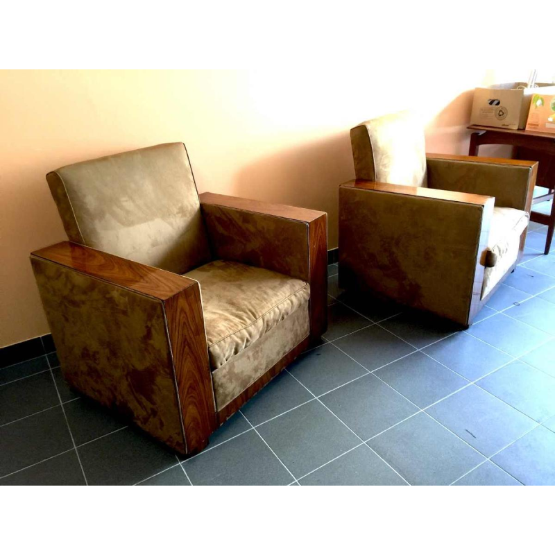 Paar Modernistische Kubistische Art Déco Clubs / Fauteuils, Alcantara, 1930