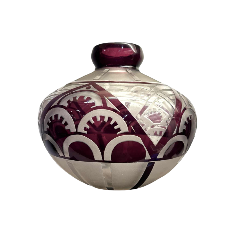 Delatte, zeldzame Art Deco zuurgeëtste vaas, mauve gelijnd 1925