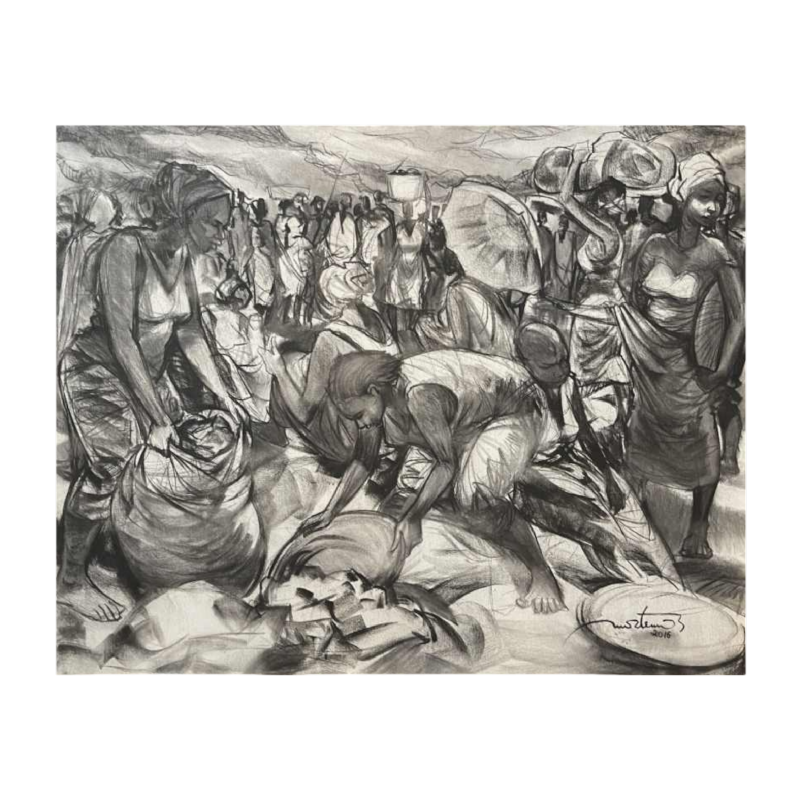 DENIS MATEMO "Scène de marché, Tableau fusain sur toile en 2016