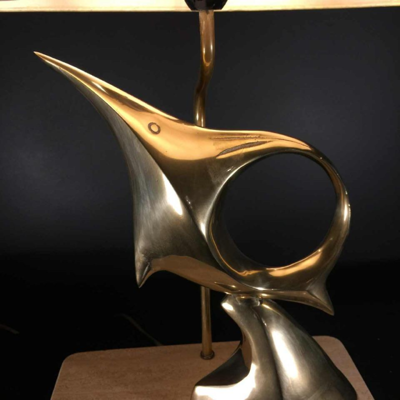 Lampe à poser / sculpture, poisson / oiseau, bronze et laiton, Design 1960