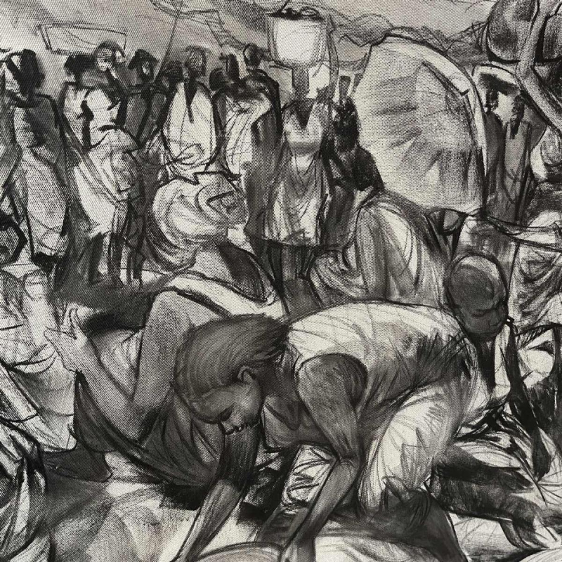 DENIS MATEMO "Scène de marché, Tableau fusain sur toile en 2016