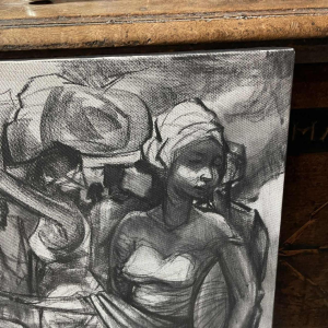 DENIS MATEMO "Scène de marché, Tableau fusain sur toile en 2016