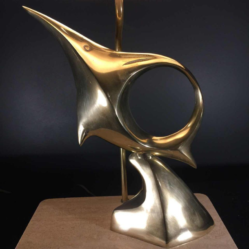 Lampe à poser / sculpture, poisson / oiseau, bronze et laiton, Design 1960