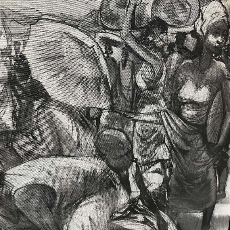 DENIS MATEMO "Markttafereel", Houtskool op doek in 2016