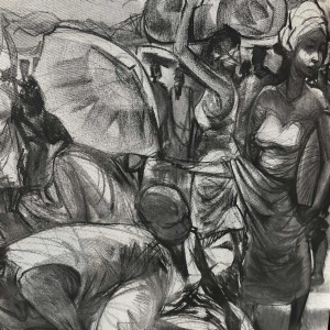 DENIS MATEMO "Markttafereel", Houtskool op doek in 2016