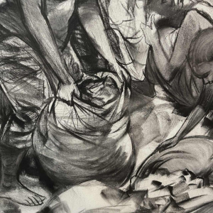 DENIS MATEMO "Market scene", Charcoal on canvas in 2016