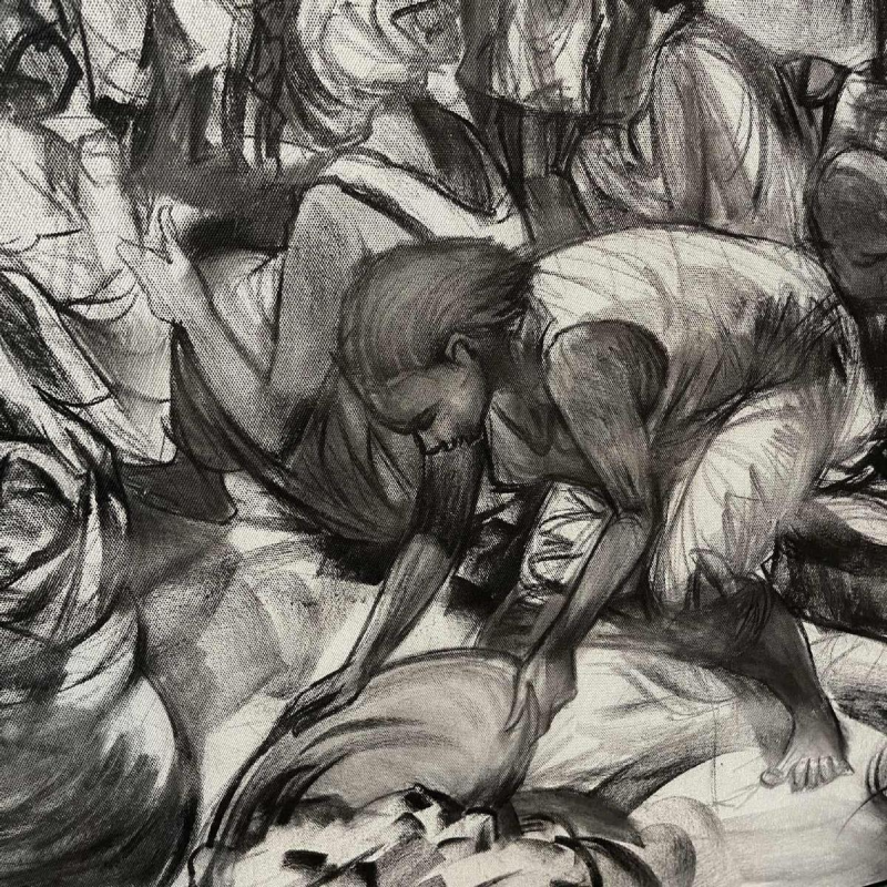 DENIS MATEMO "Market scene", Charcoal on canvas in 2016