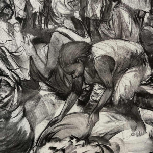 DENIS MATEMO "Market scene", Charcoal on canvas in 2016