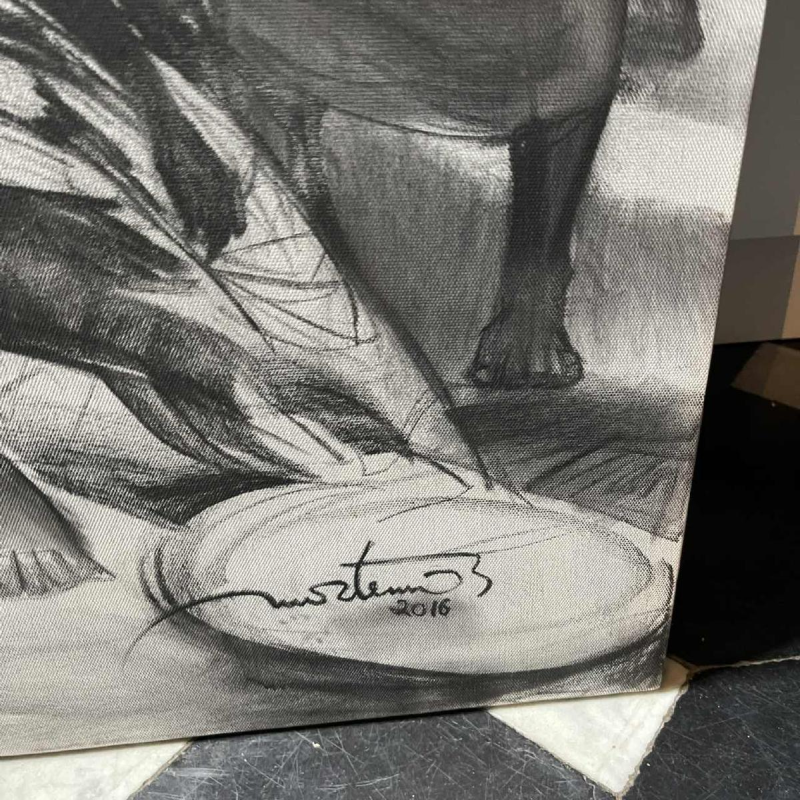 DENIS MATEMO "Scène de marché, Tableau fusain sur toile en 2016