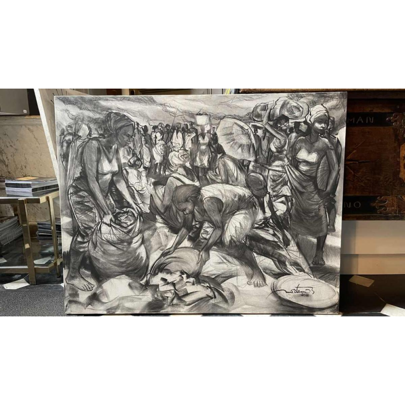 DENIS MATEMO "Scène de marché, Tableau fusain sur toile en 2016
