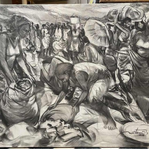 DENIS MATEMO "Market scene", Charcoal on canvas in 2016