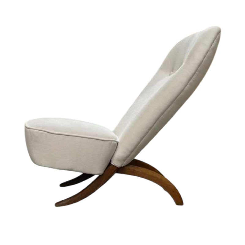 Théo Ruth pour Artifort 'Congo' fauteuil design, tissu et bois, Pays-Bas vers 1950