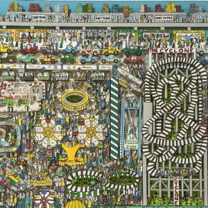 James Rizzi The last stop is Coney island, 3D zeefdruk gesigneerd, genummerd 258/350, gedateerd 2003