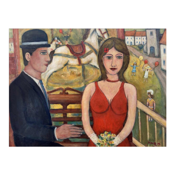 Marcel HOCQ " Les amoureux un jour de fête " peinture huile sur panneau