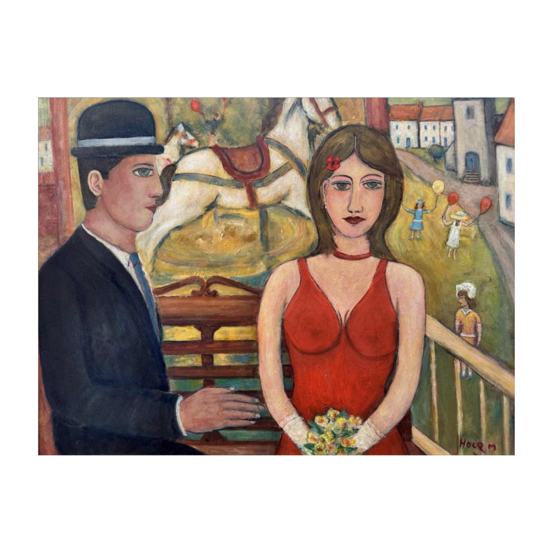 Marcel HOCQ " Les amoureux un jour de fête " peinture huile sur panneau