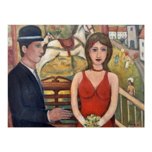 Marcel HOCQ " Lovers on a festive day " painting oil on panel