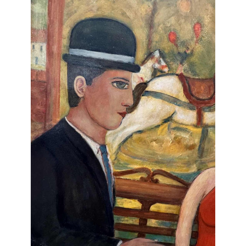 Marcel HOCQ " Les amoureux un jour de fête " peinture huile sur panneau