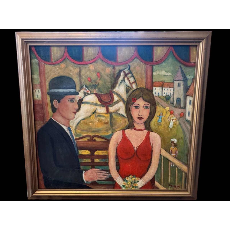 Marcel HOCQ " Les amoureux un jour de fête " peinture huile sur panneau