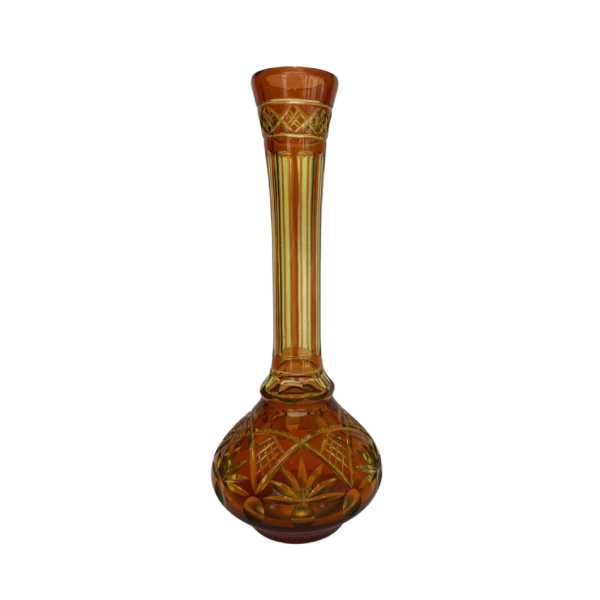 Val Saint Lambert, vase à long col en cristal urane taillé, doublé orange