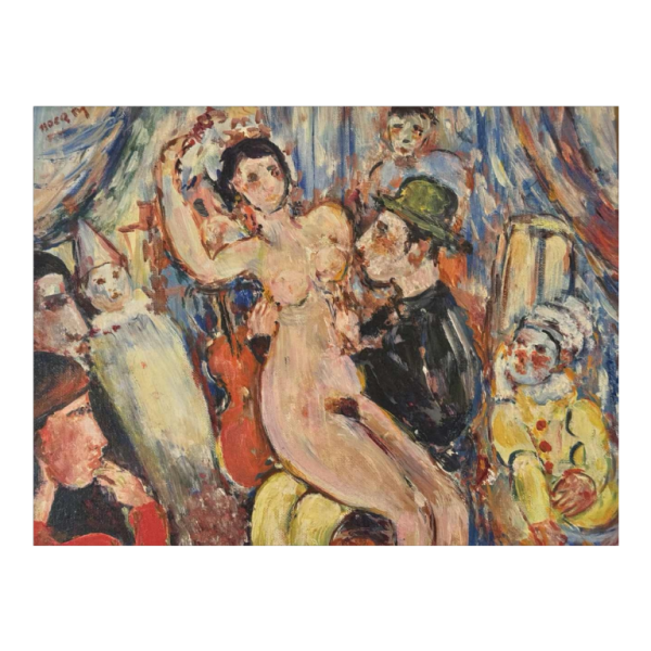 Marcel HOCQ "Nude and man with bowler hat" painting oil on canvas, mounted on canvas