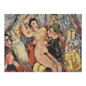 Marcel HOCQ "Nude and man with bowler hat" painting oil on canvas, mounted on canvas