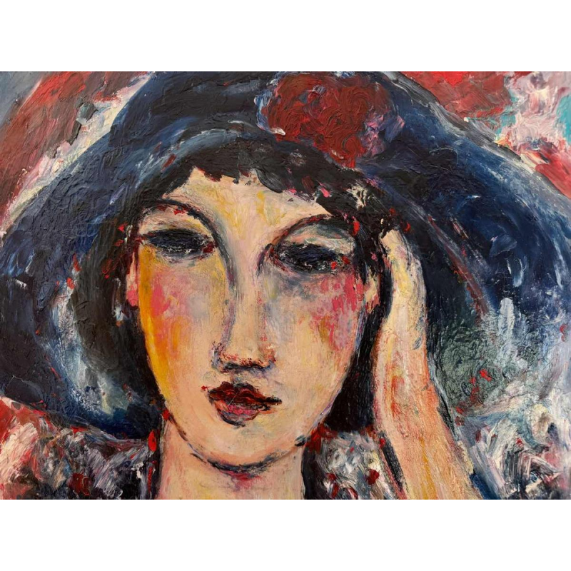 Marcel HOCQ (1933-2021): « De vrouw met de hoed » schilderij olie op paneel
