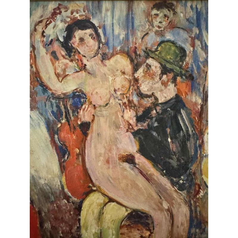 Marcel HOCQ "Nude and man with bowler hat" painting oil on canvas, mounted on canvas