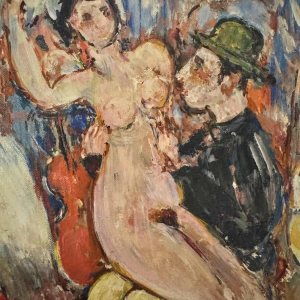 Marcel HOCQ "Nude and man with bowler hat" painting oil on canvas, mounted on canvas